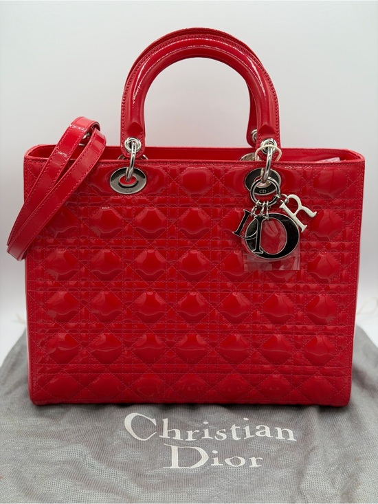Dior Handbags - Authentic Christian Dior Large Lady Dior Patent Cannage Pink Red Patent Leather